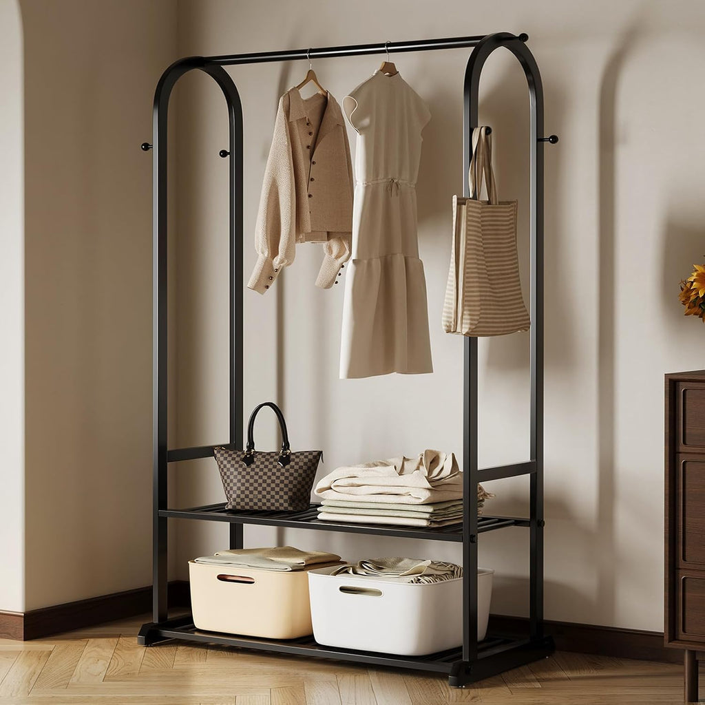Sturdy metal clothes rack,Black freestanding clothing rack with bottom shelves and 6 side hooks,garment rack for hanging clothes,Modern wardrobe rack for Bedroom or cloakrooms