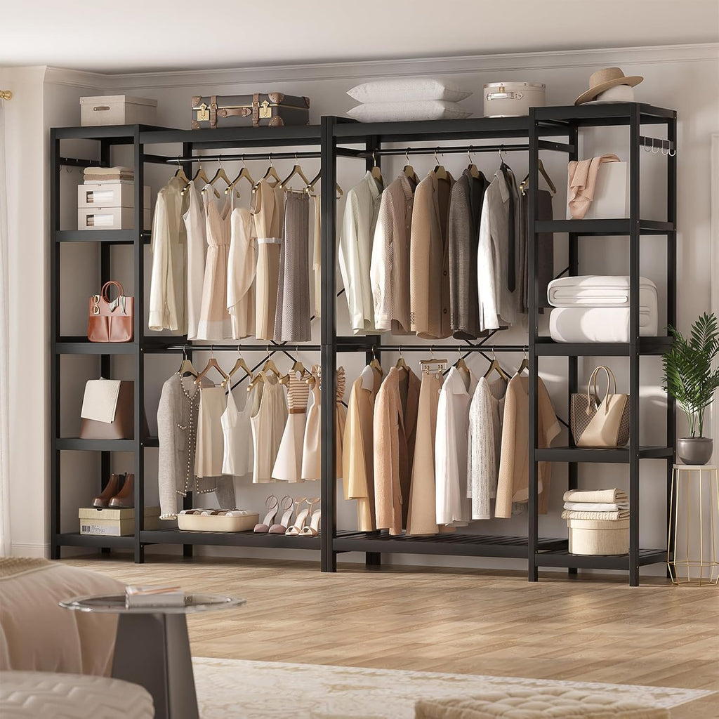 Homykic Bamboo Closet System, Heavy Duty Clothing Rack for Hanging Clothes, Freestanding Clothes Rack with 7 Adjustable Shelves & 2 Rods, 4 Hooks, Open Wardrobe Organizer Garment Rack, Dark Black