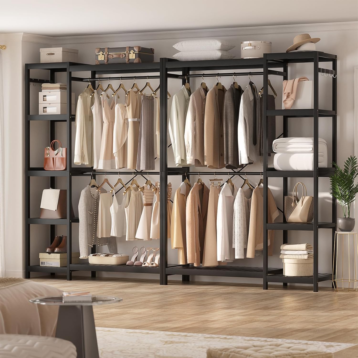 Homykic Bamboo Closet System, Heavy Duty Clothing Rack for Hanging Clothes, Freestanding Clothes Rack with 7 Adjustable Shelves & 2 Rods, 4 Hooks, Open Wardrobe Organizer Garment Rack, Dark Black