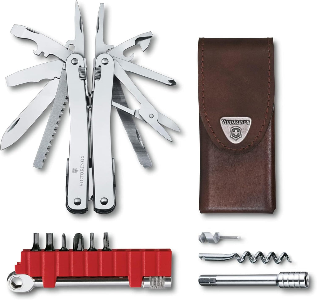 Victorinox Swiss Tool Spirit X Plus Ratchet Swiss Army Knife, 36 Function Swiss Made Multi-Tool with Needle-nose Pliers and Leather Pouch - Silver
