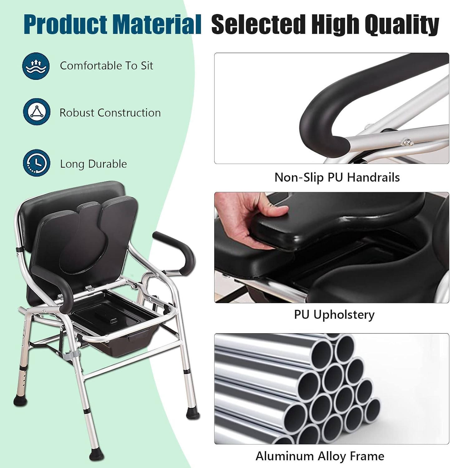 Bariatric Bedside Commode, Folding 3 in 1 Toilet Seat Chair with Bucket, Portable, Extra Wide, Adjustable Height Heavy Duty Adult Bathroom
