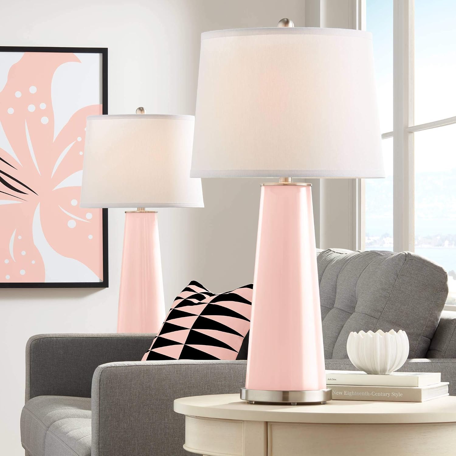 Color + Plus Leo 29 1/2' Tall Cylinder Modern End Table Lamps Set of 2 Rose Pink Brushed Nickel Finish Glass Fabric White Shade Living Room Bedroom Bedside Nightstand House Office Home Reading
