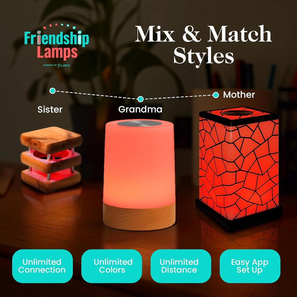Friendship Lamp Lumi by Filimin - Best Friend WiFi Touch Lamp Real Beech Wood LED Light for Long-Distance Connection, Relationship, Friendship, Gifts, Couples, App Setup, No Subscription - Set of 3
