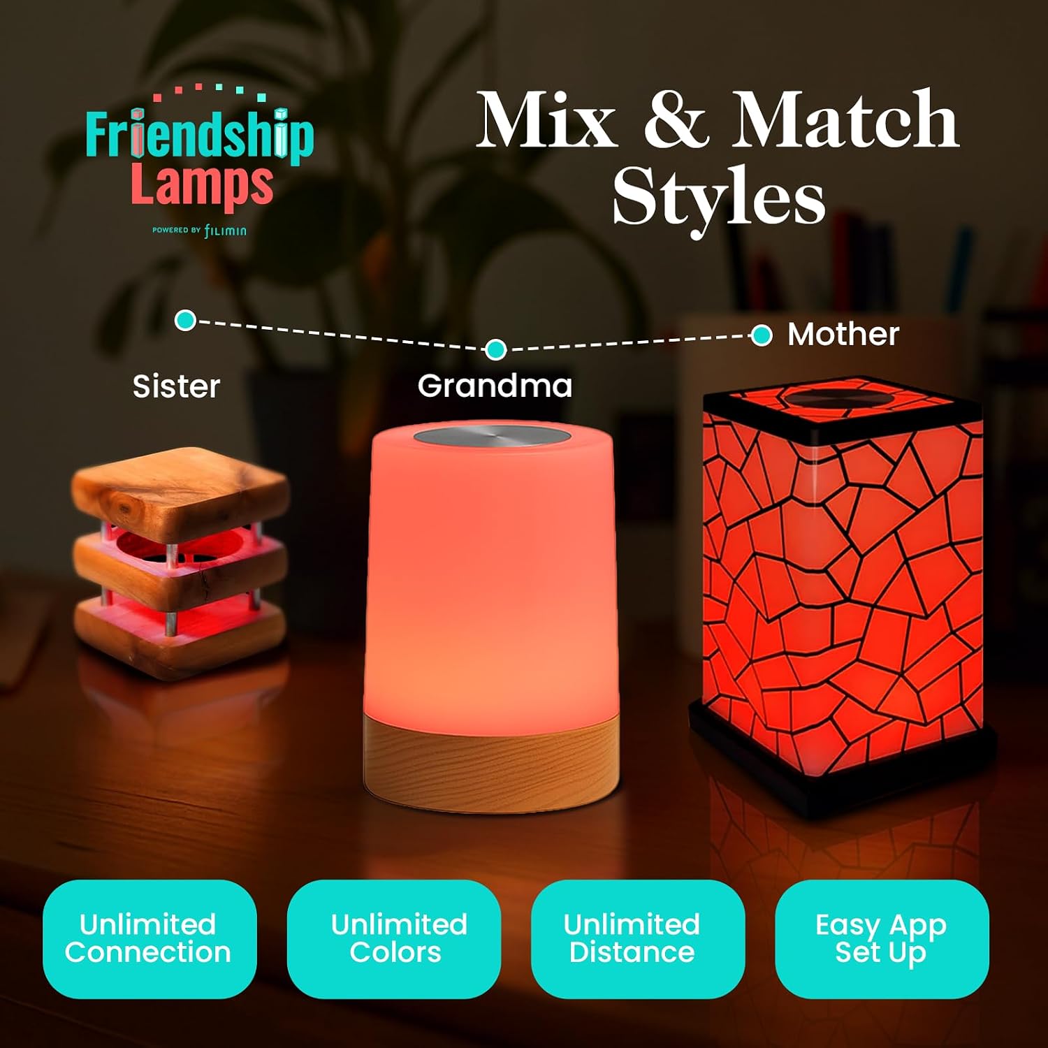 Friendship Lamp Lumi by Filimin - Best Friend WiFi Touch Lamp Real Beech Wood LED Light for Long-Distance Connection, Relationship, Friendship, Gifts, Couples, App Setup, No Subscription - Set of 3