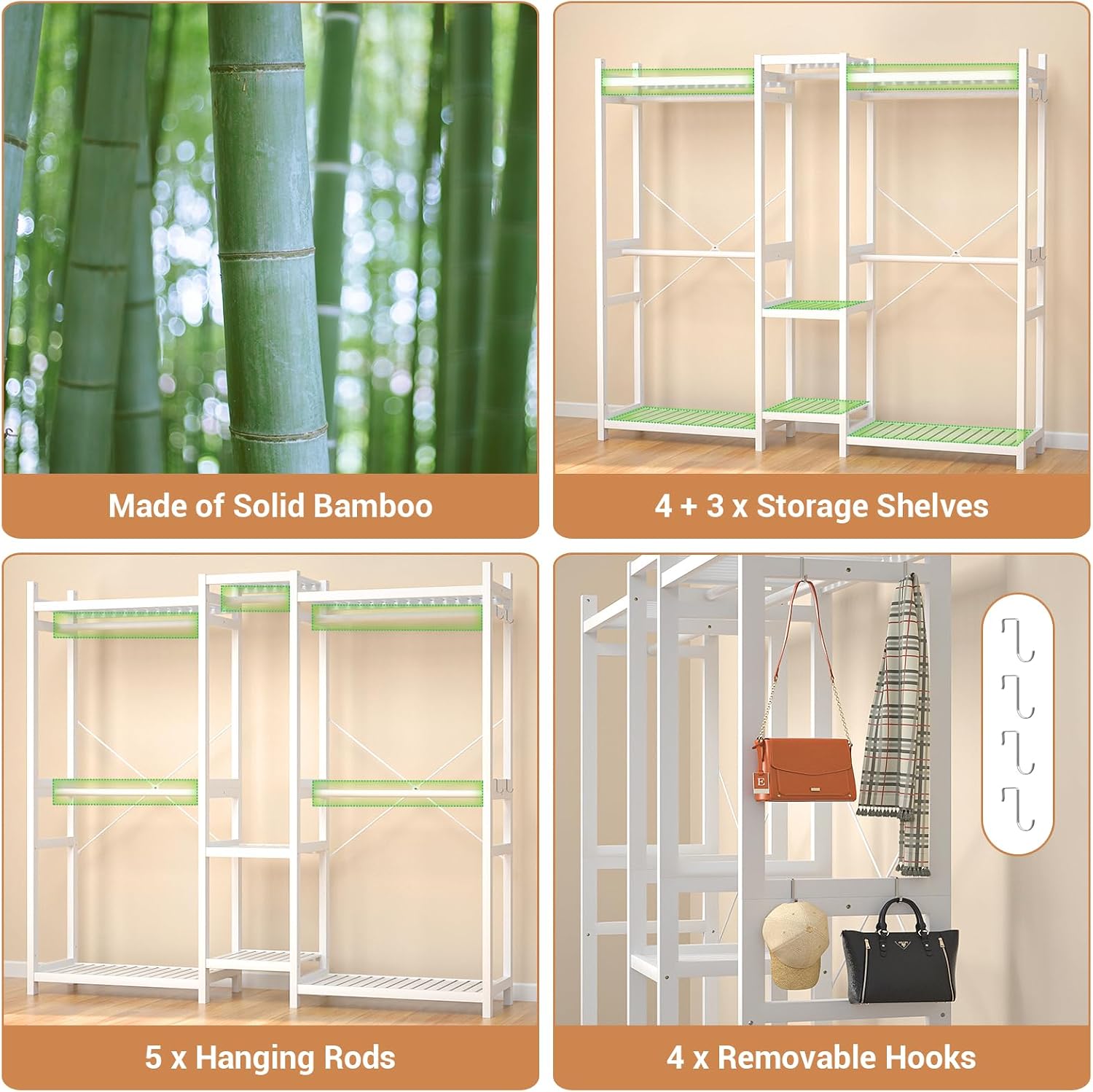 Homykic Bamboo Closet System, Large Clothing Rack for Hanging Clothes, Freestanding Clothes Rack with 7 Shelves & 5 Hanging Rods, Open Wardrobe Closet Organizer Garment Rack with 4 Hooks, Pure White