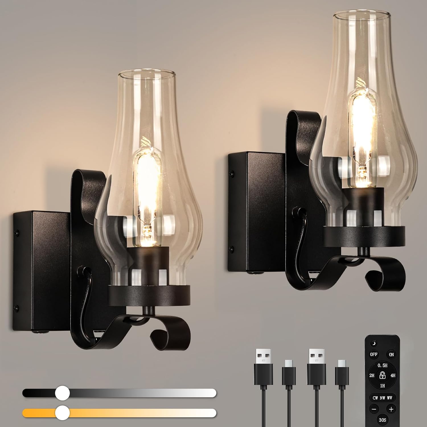 Battery Operated Wall Sconces, Rustic Wall Lights Sets of 2, Non-Hardwired Antique Kerosene Wall Lamps, Vintage Bedside Wall Sconces with Remote Control for Living Room, Bedroom, Hallway etc