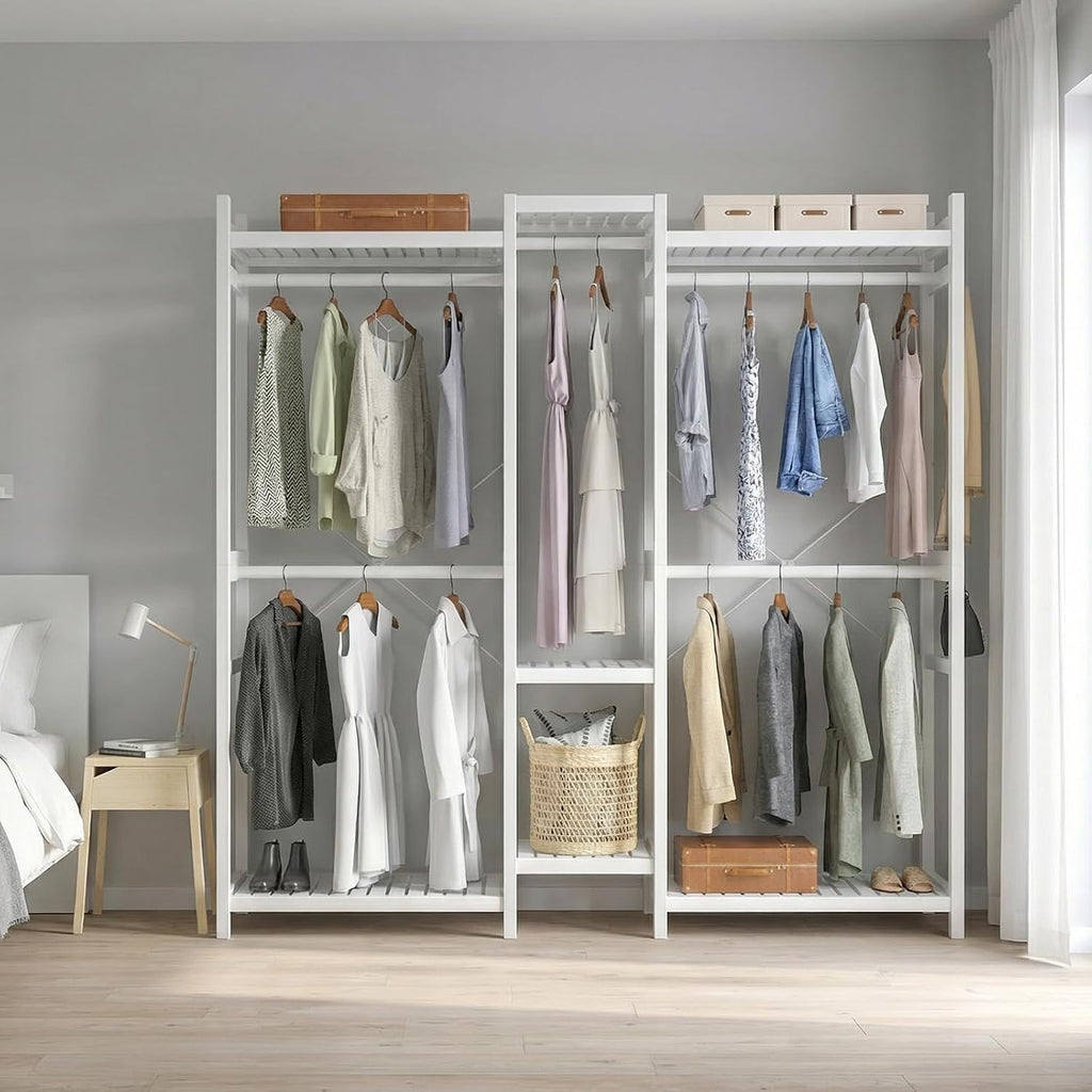 Homykic Bamboo Closet System, Large Clothing Rack for Hanging Clothes, Freestanding Clothes Rack with 7 Shelves & 5 Hanging Rods, Open Wardrobe Closet Organizer Garment Rack with 4 Hooks, Pure White