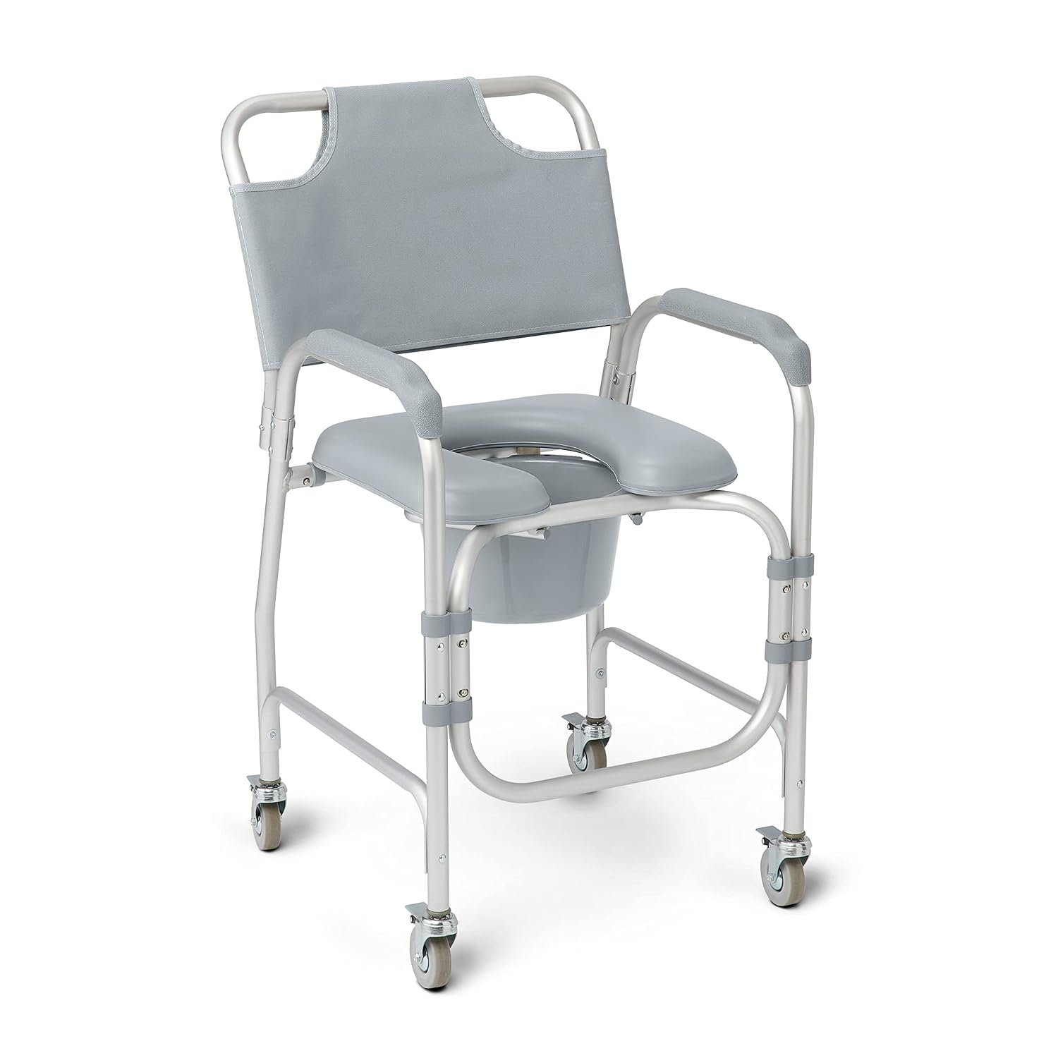 Medline Aluminum Padded Shower Chair Commode with 4 Locking Casters, 300 lbs. Capacity — For Restroom, Bathroom & Wheelchair Transfer to Toilet, 1 Ct.