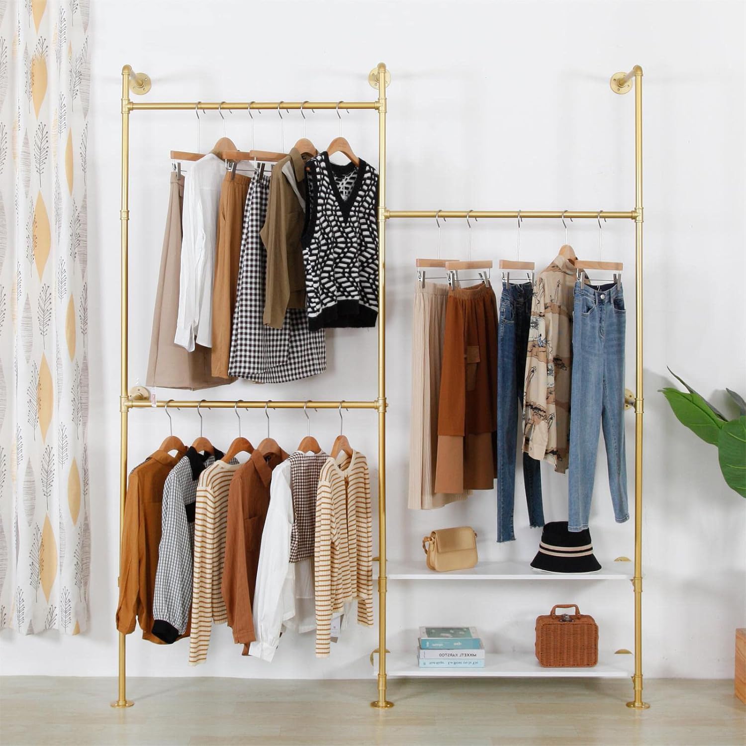 Industrial Style Wall Mounted Clothing Rack - Heavy Duty Pipe Garment Rack with Wood shelves, Multi-Functional Wardrobe System for Boutique/Closet,Gold (74.8' W x91.7 H)