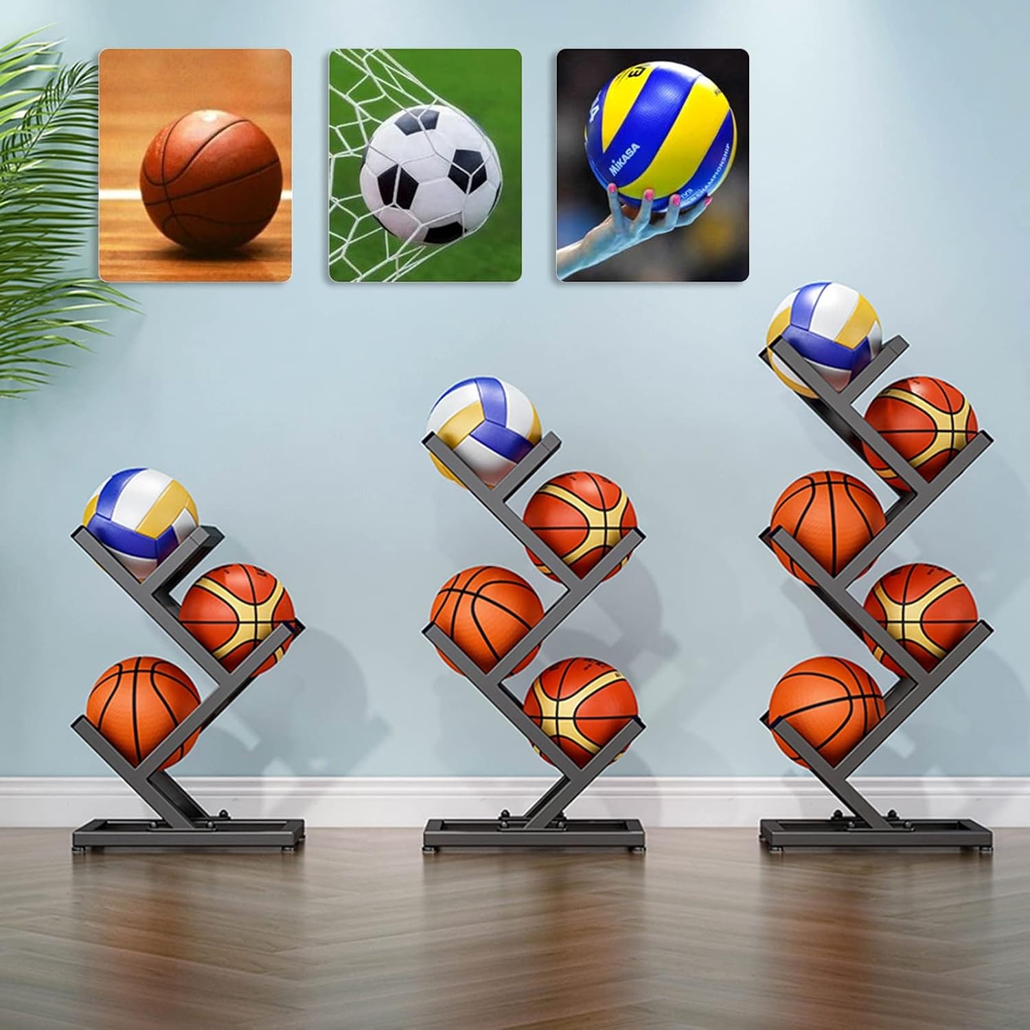 Sports Ball Storage Stand Sports Ball Storage Rack, Kids Toddlers Basketball Organizer for Garage Bedroom School, Black Vertical Football Volleyball Display Stand