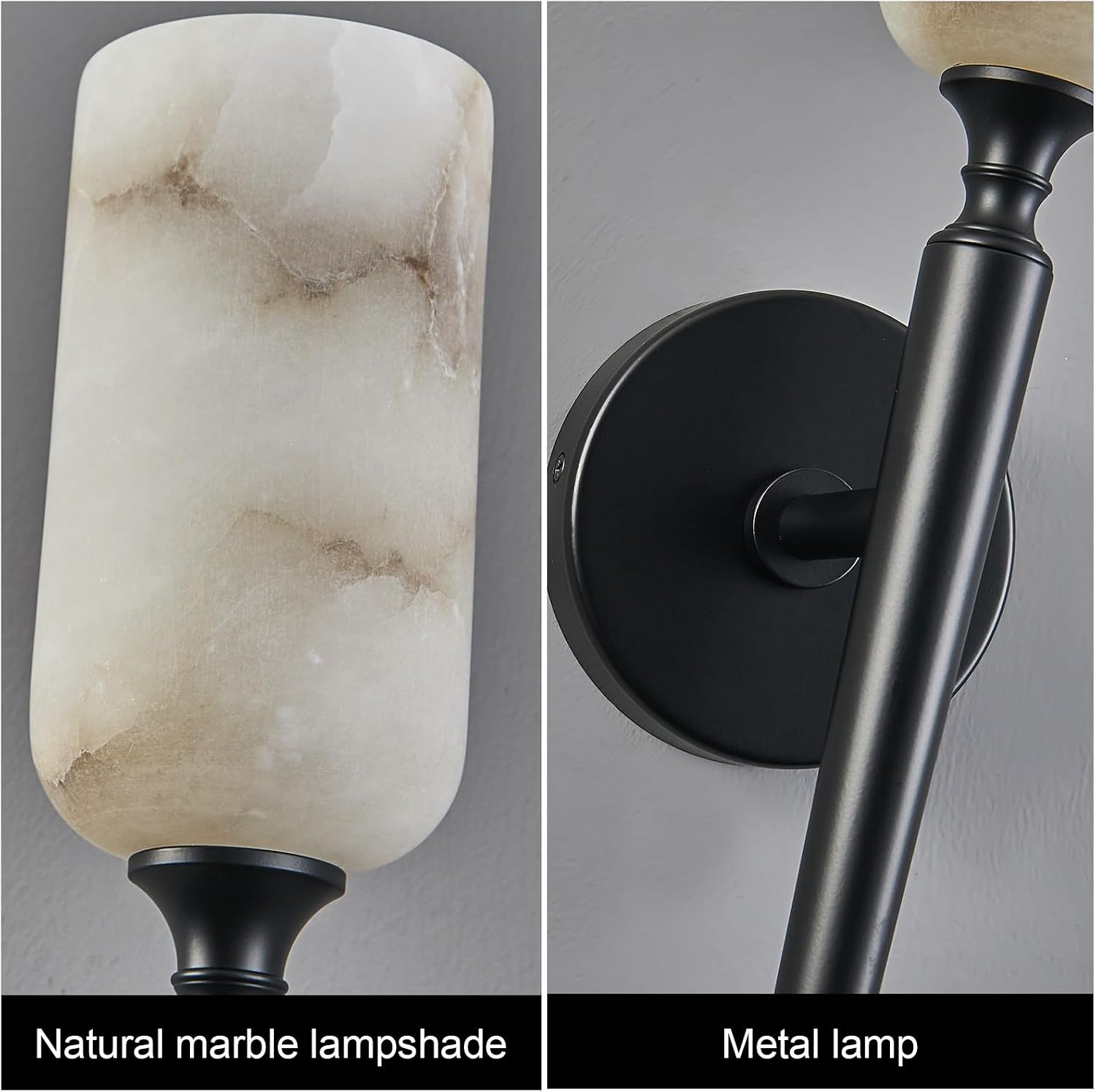 LMQNINE Natural Alabaster Wall Sconce Modern Black Wall Light Bathroom Sconce Wall Decor Antique Marble Sconces Wall Lighting for Bedroom Living Room Entryway Hallway Staircase