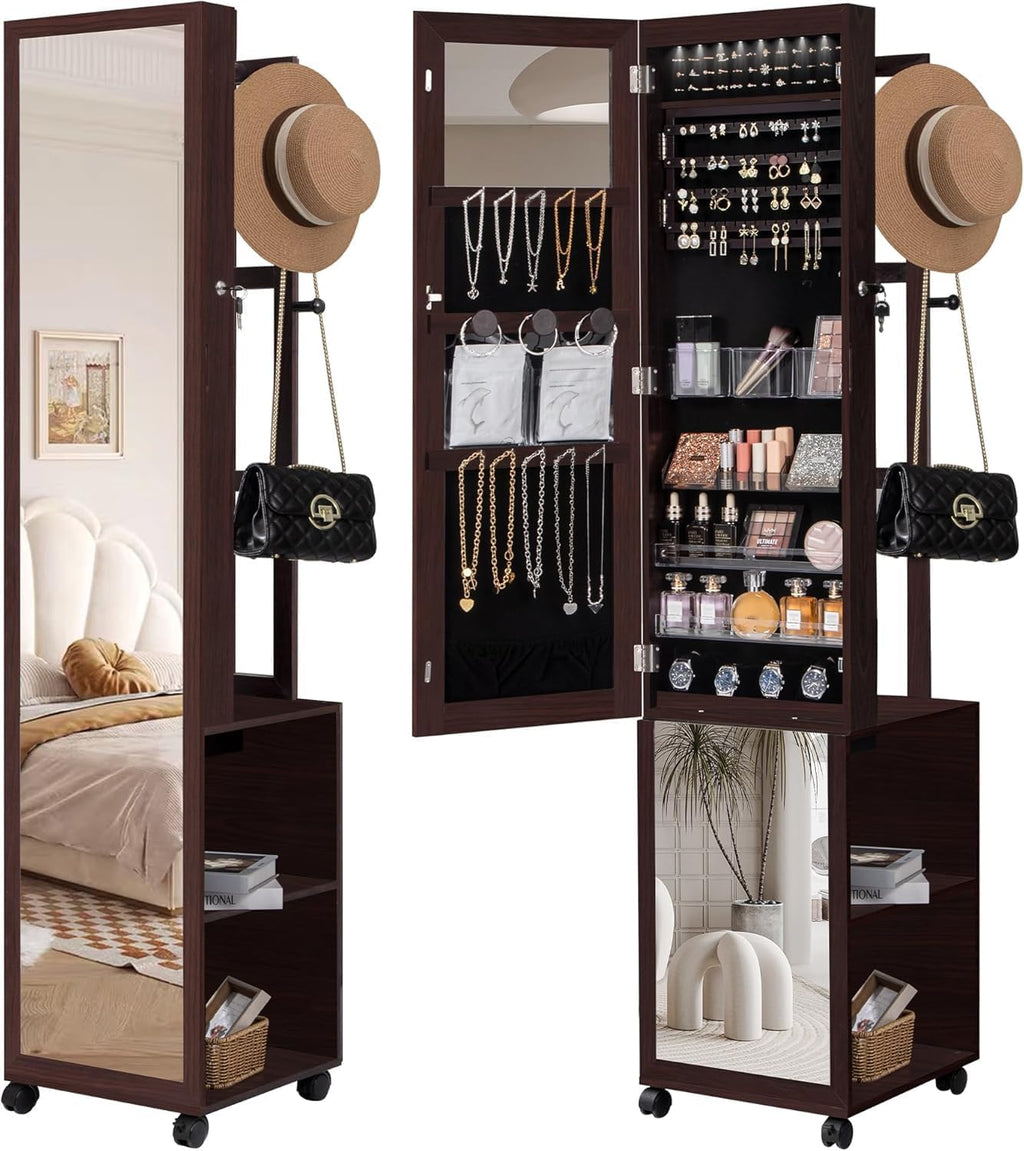 Hzuaneri 8 LEDs Jewelry Cabinet Armoire, 66.9-inch Jewelry Organizer with Garment Rack, Lockable Full-length Mirror with 4 Wheels, Storage Shelves with Hooks, 5-in-1, Brown JC17019B