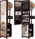 Hzuaneri 8 LEDs Jewelry Cabinet Armoire, 66.9-inch Jewelry Organizer with Garment Rack, Lockable Full-length Mirror with 4 Wheels, Storage Shelves with Hooks, 5-in-1, Brown JC17019B