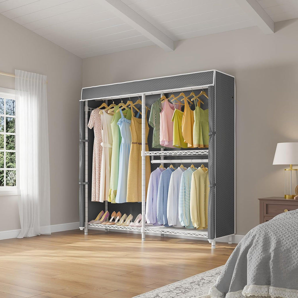 VIPEK V4C Heavy Duty Adjustable Clothing Rack, White Metal Closet Rack with Grey Cover, 57.9' L x 17.3' W x 76.4' H, 3 Hanging Rods & Side Hooks, Portable Closet