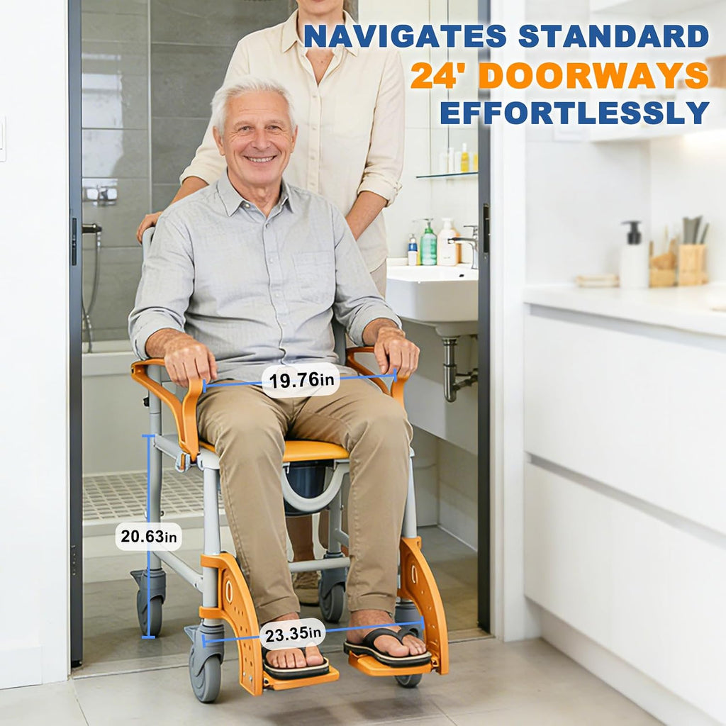 4-in-1 Rolling Shower Commode Chair with Drop Arms & Locking Casters, Anti-Tilt Heavy Duty Bedside Safety Seat for Elderly, High-Visibility Orange, 350lbs Capacity