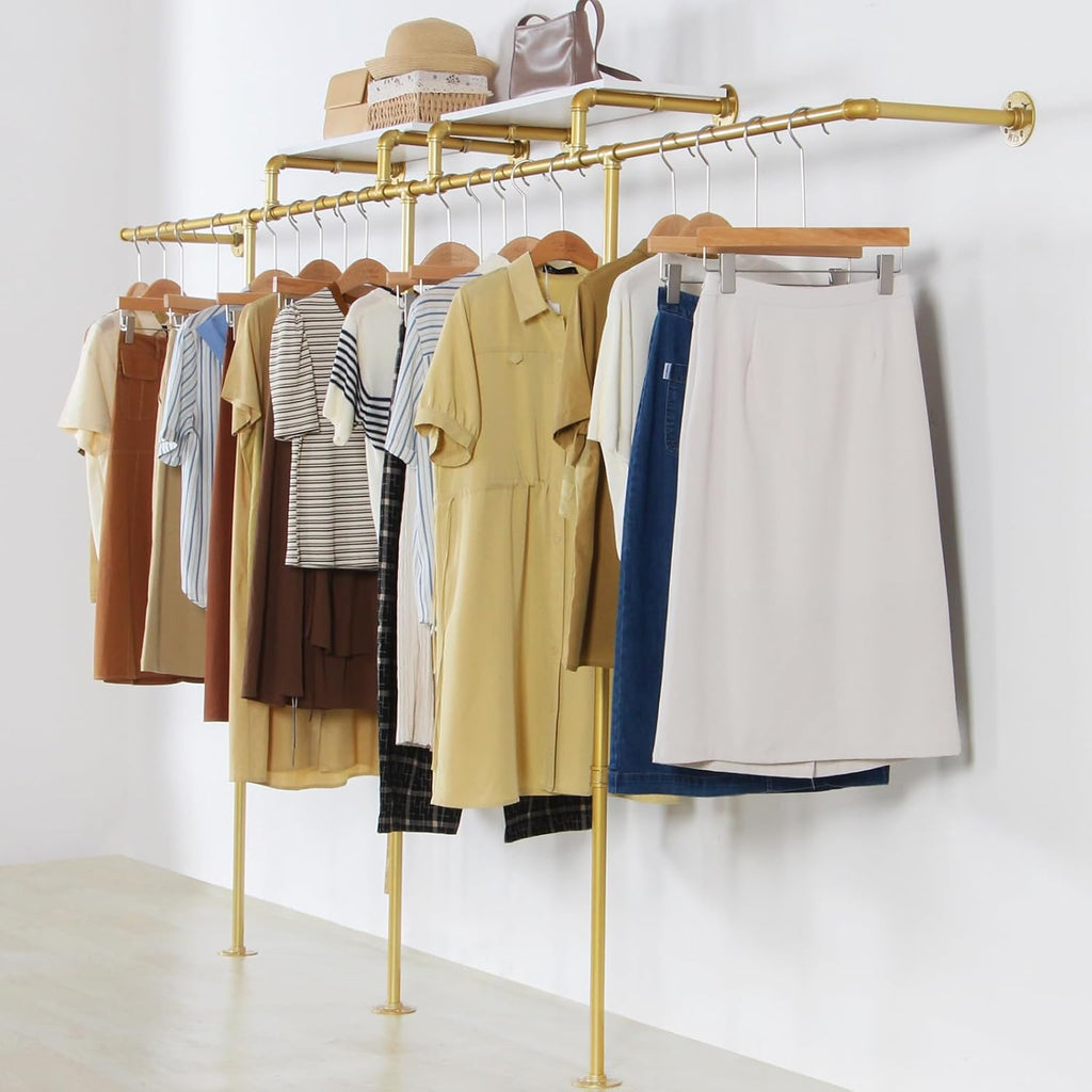 Wall Mounted Gold pipe clothing rack with 3 T-Bar Design and Nano Gold Finish with 2 Wooden Shelves Heavy Duty Wall Mounted Iron Garment Bar for Retail Display and Closet Storage