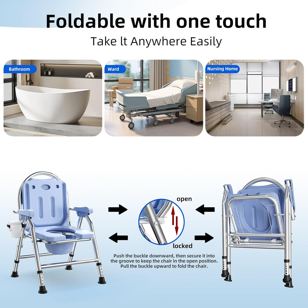 4 in 1 Folding Bedside Commode Chair for Elderly with Arms and Back,Adjustable Height Raised Toilet Seat with Handles,Adults Potty Chair for Seniors,Disabled,Holds Up to 350 lb (ABS Plastic Seat)