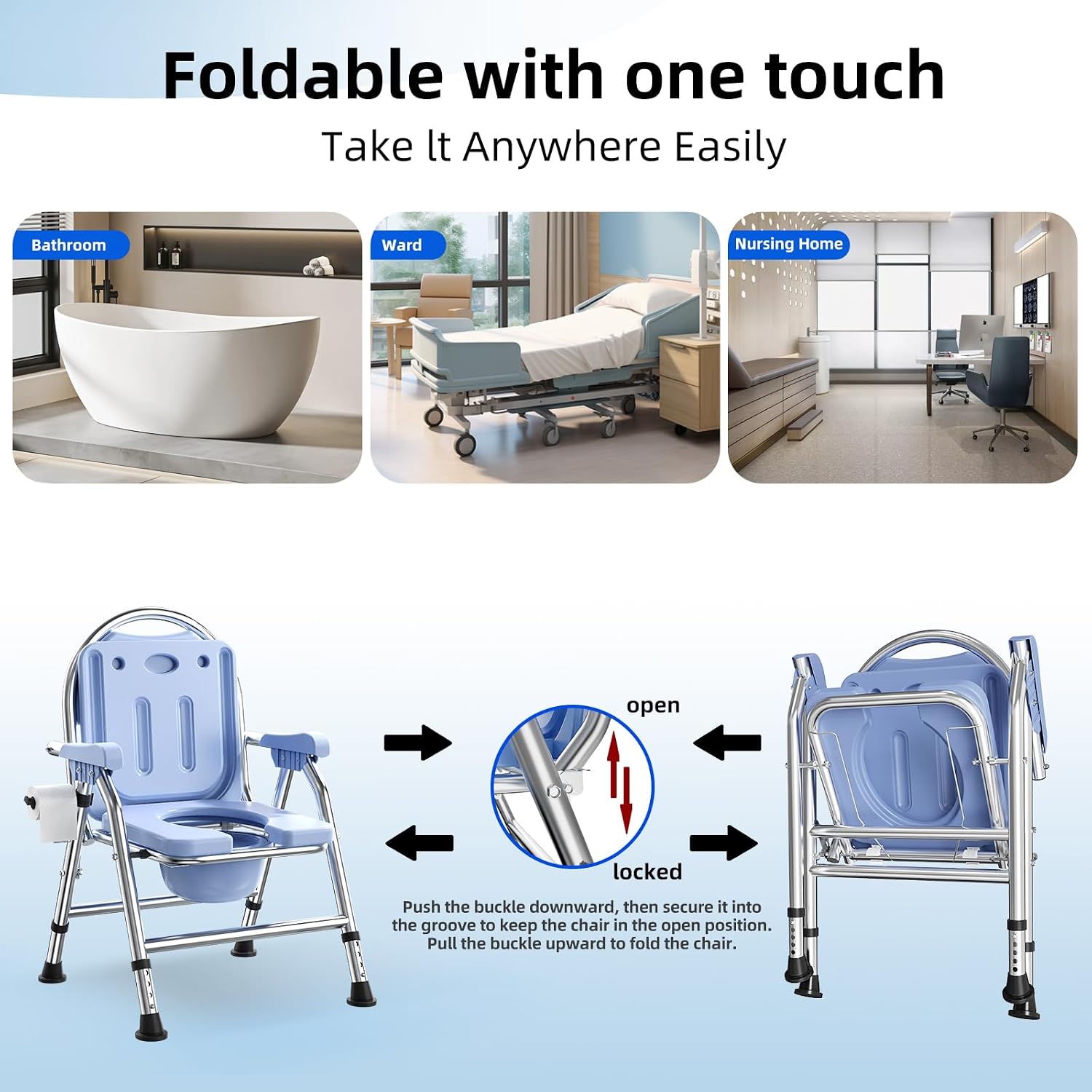 4 in 1 Folding Bedside Commode Chair for Elderly with Arms and Back,Adjustable Height Raised Toilet Seat with Handles,Adults Potty Chair for Seniors,Disabled,Holds Up to 350 lb (ABS Plastic Seat)