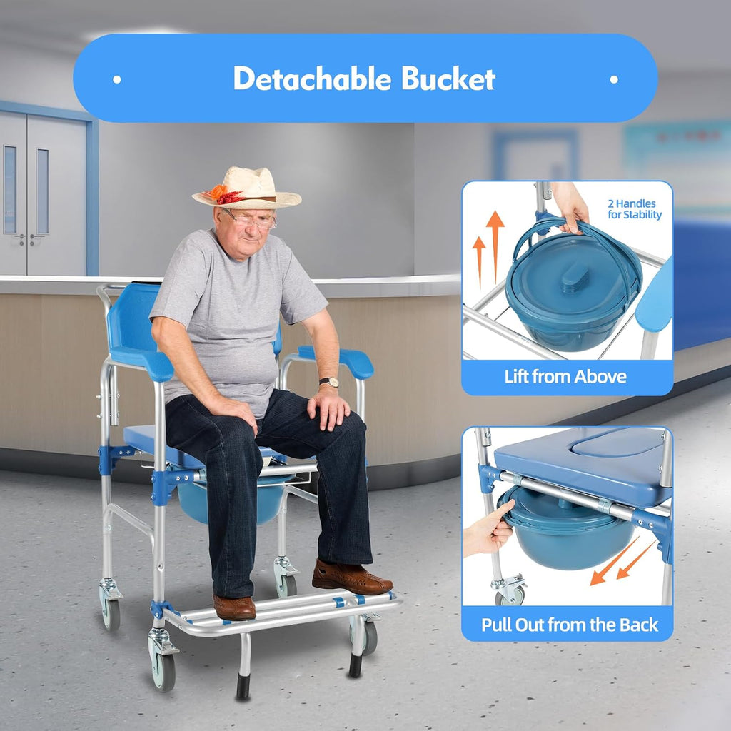 Bedside Commodes Chair with Wheels for Seniors Portable Shower Chair 330 Lb Capacity- Heavy Duty Raised Toilet Seat with Anti-Rollover Foot Pedal Armrests and Bucket, Blue