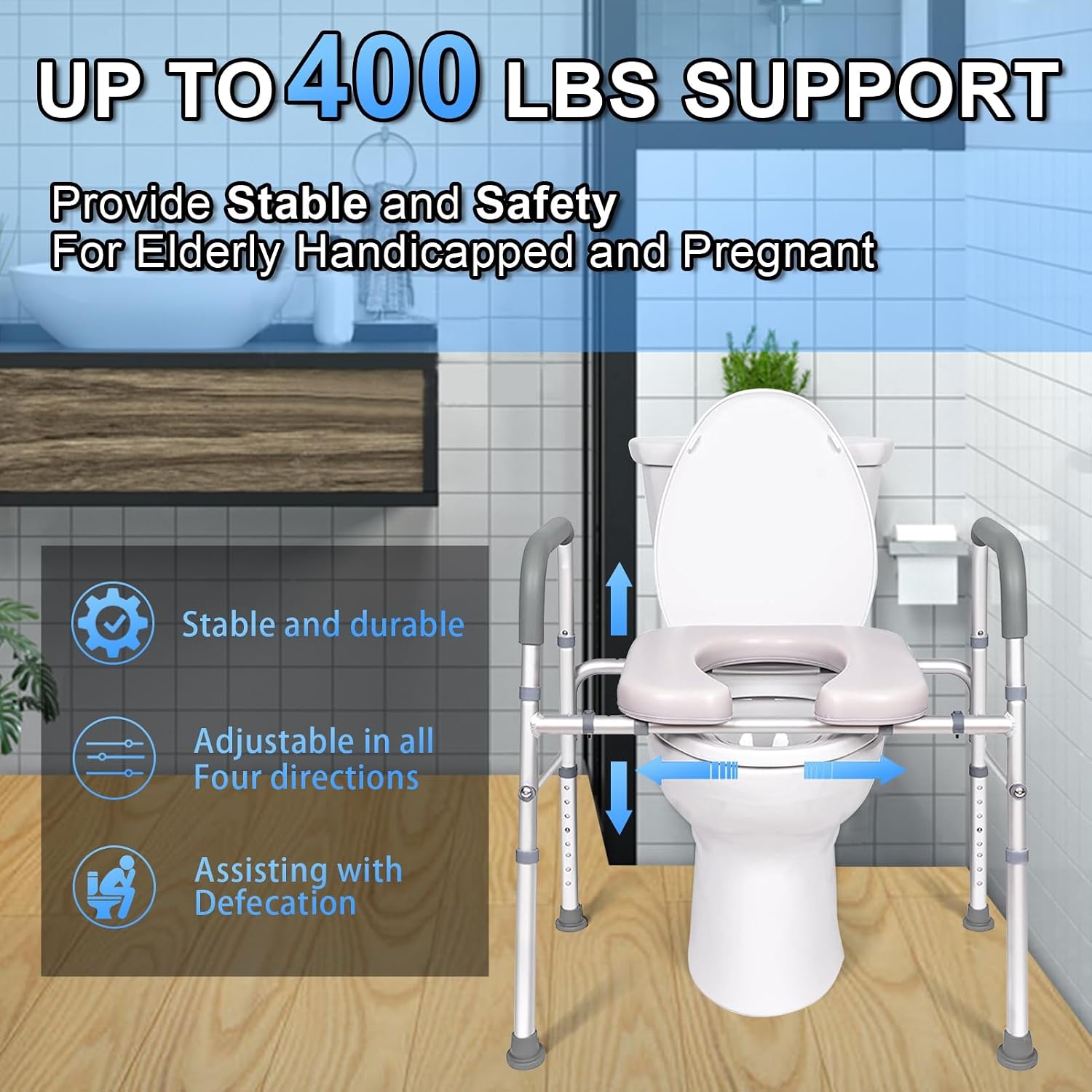 Adjustable Toilet Seat Riser for Seniors with Handles, Widened Commode Seat, rts Up to 300lbs, Ideal for Elderly Height & Width Adjustable (White)