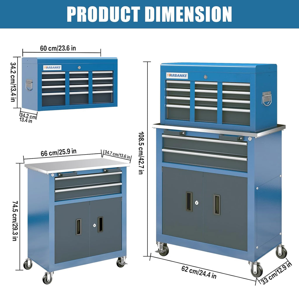 LARBANKE 5-Drawer Tool Chest & 8-Drawer Tool Cabinet with Stainless Steel Countertop, Locking System & Connection Buckle,Cabinet Featuring 360° Swivel Wheels with Brakes&Foot Pads,Blue
