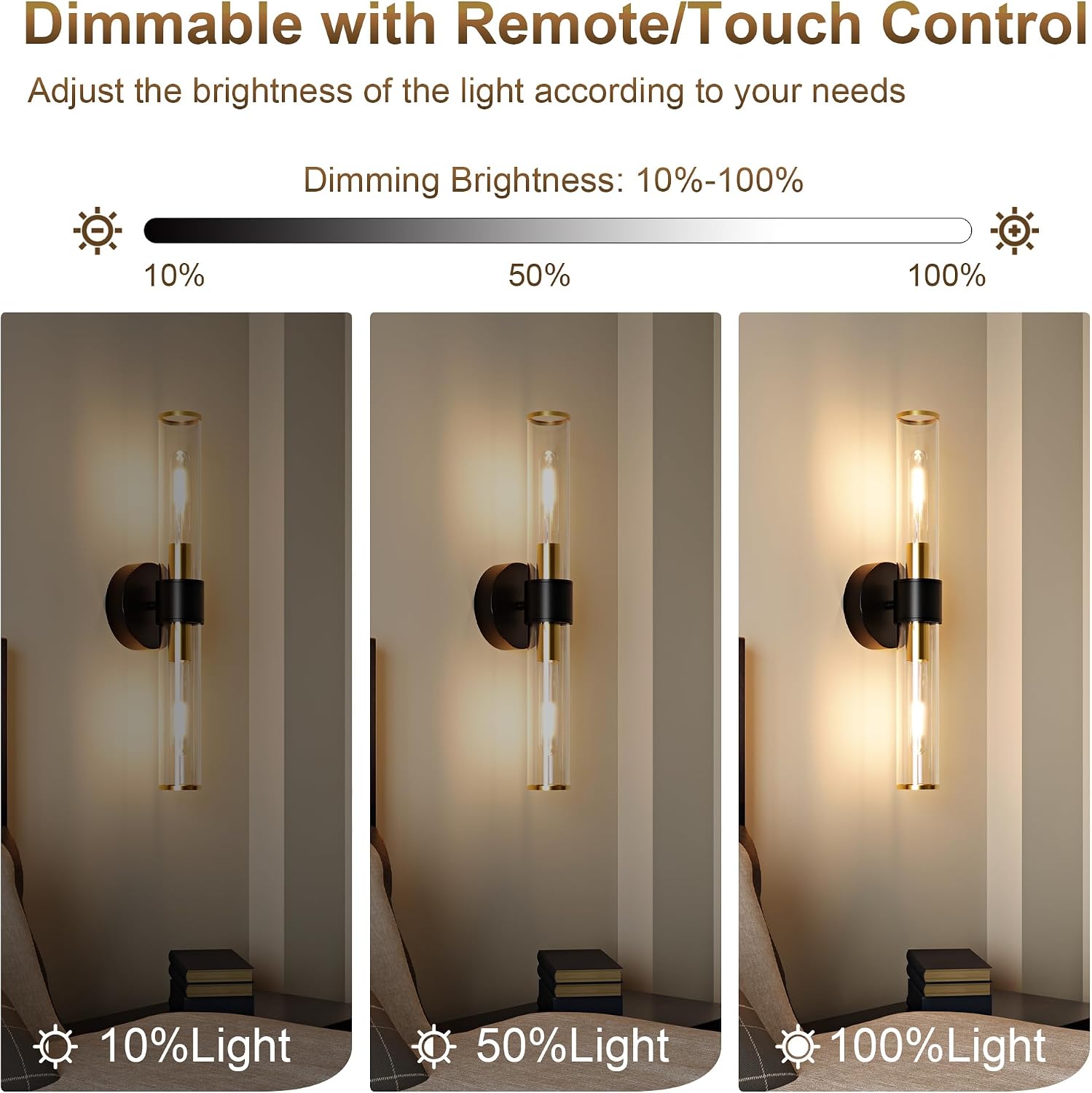 10000mAh Battery Operated Wall Sconces Set of 2, Black Gold Dimmable Rechargeable Wall Sconce with Remote, 20 Inch Wireless Warm Glass Wall Light for Bedroom Living Room Entryway (Bulbs Included)
