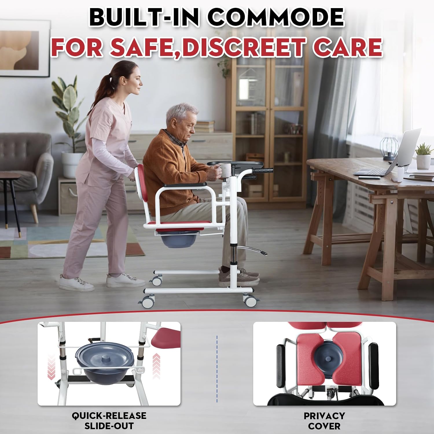 Patient Lift Transfer Chair - Heavy Duty Shower Commode Chair with Toilet Safety Frame (Dual A - Red)