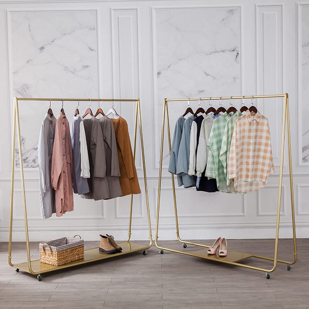 Simple Fashion Rolling Garment Rack with Wheels, Metal Cloth Hanger Rail Stand Clothes Drying Rack for Hanging Clothes, with Top Rod Organizer Shirt and Lower Storage Shelf(100 * 135cm)