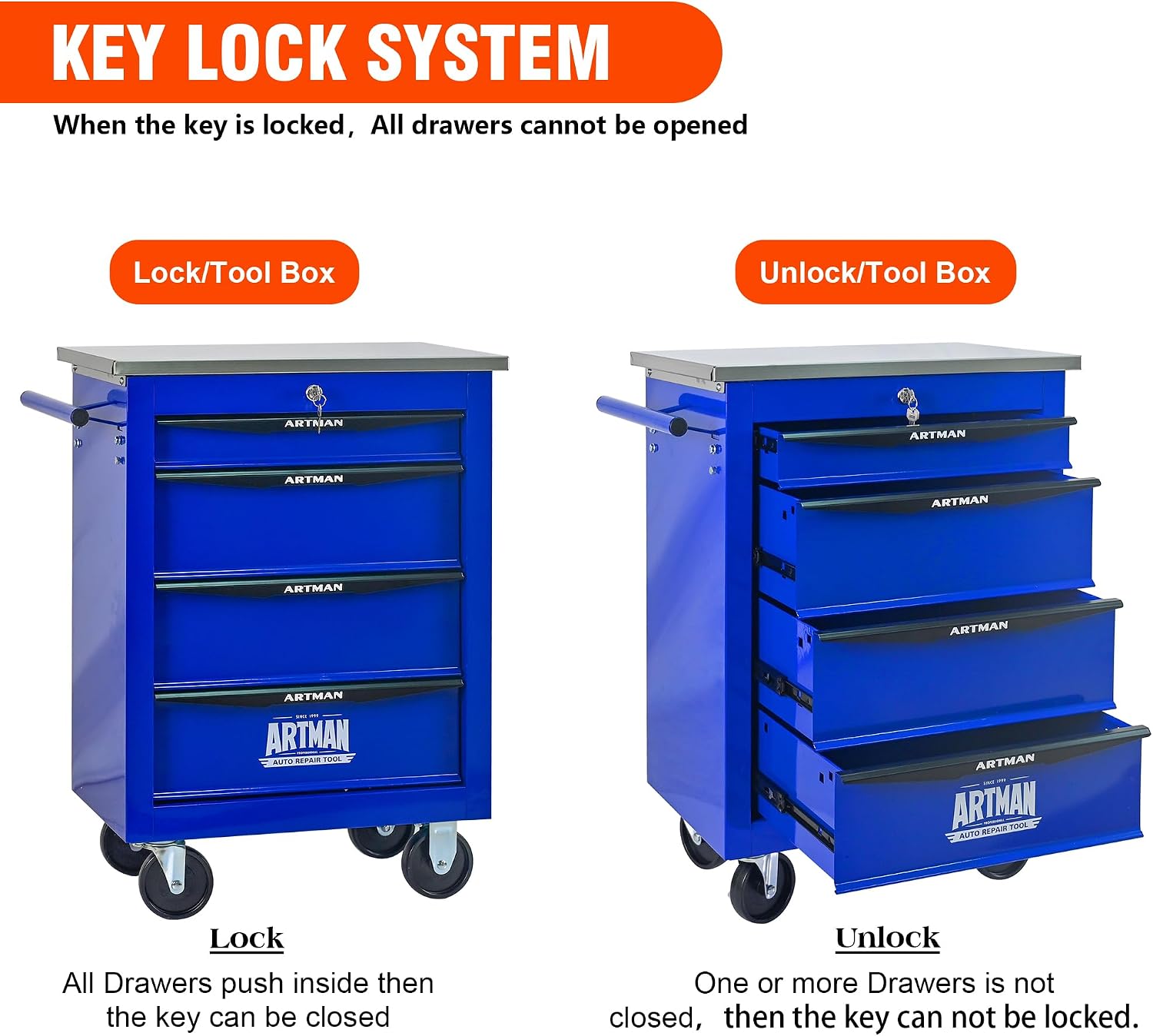 4 Drawers Tool Cart on Wheels with Stainless Steel Worktop, Heavy Duty Mobile Rolling Drawer Tool Chest with Locking Wheels & Lockable Drawers, Garage Tool Storage Cabinet (Blue, 4 Drawers)