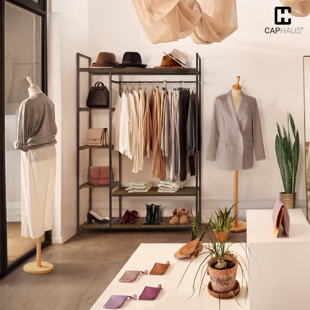 CAPHAUS 979lbs Capacity Garment Rack for Hanging Clothes, Heavy Duty Open Wardrobe w/Hanging Rods & Fabric Drawers, Free Standing Closet Organizer, Metal Closet Rack w/Rustic Oak Wooden Shelves