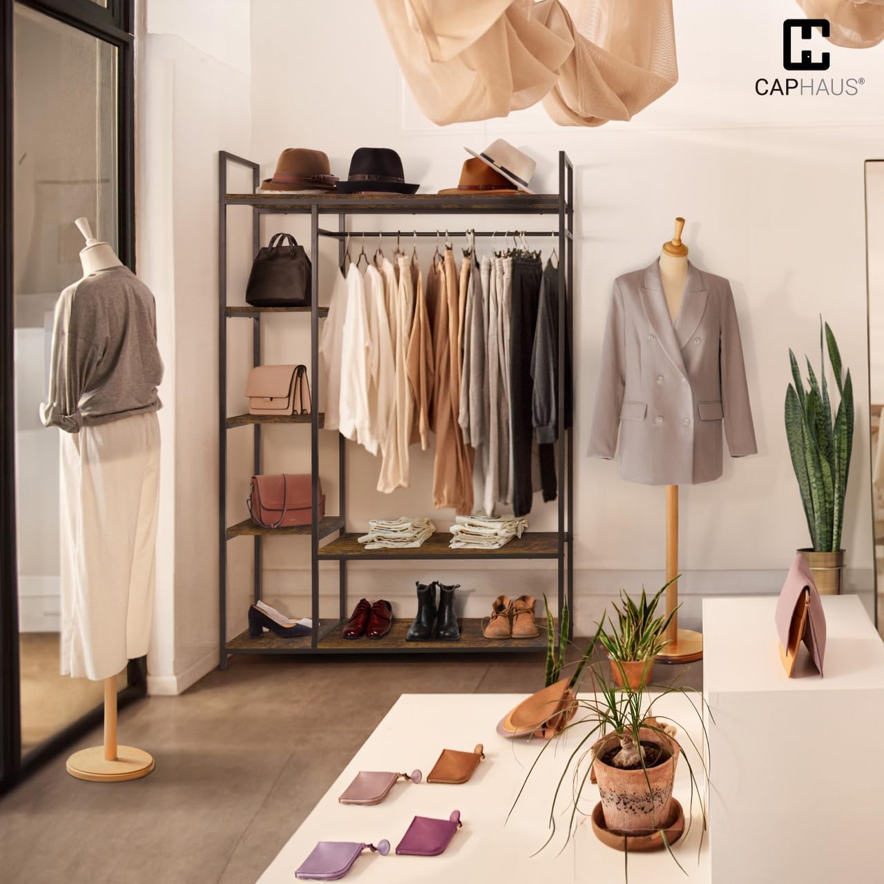 CAPHAUS 979lbs Capacity Garment Rack for Hanging Clothes, Heavy Duty Open Wardrobe w/Hanging Rods & Fabric Drawers, Free Standing Closet Organizer, Metal Closet Rack w/Rustic Oak Wooden Shelves