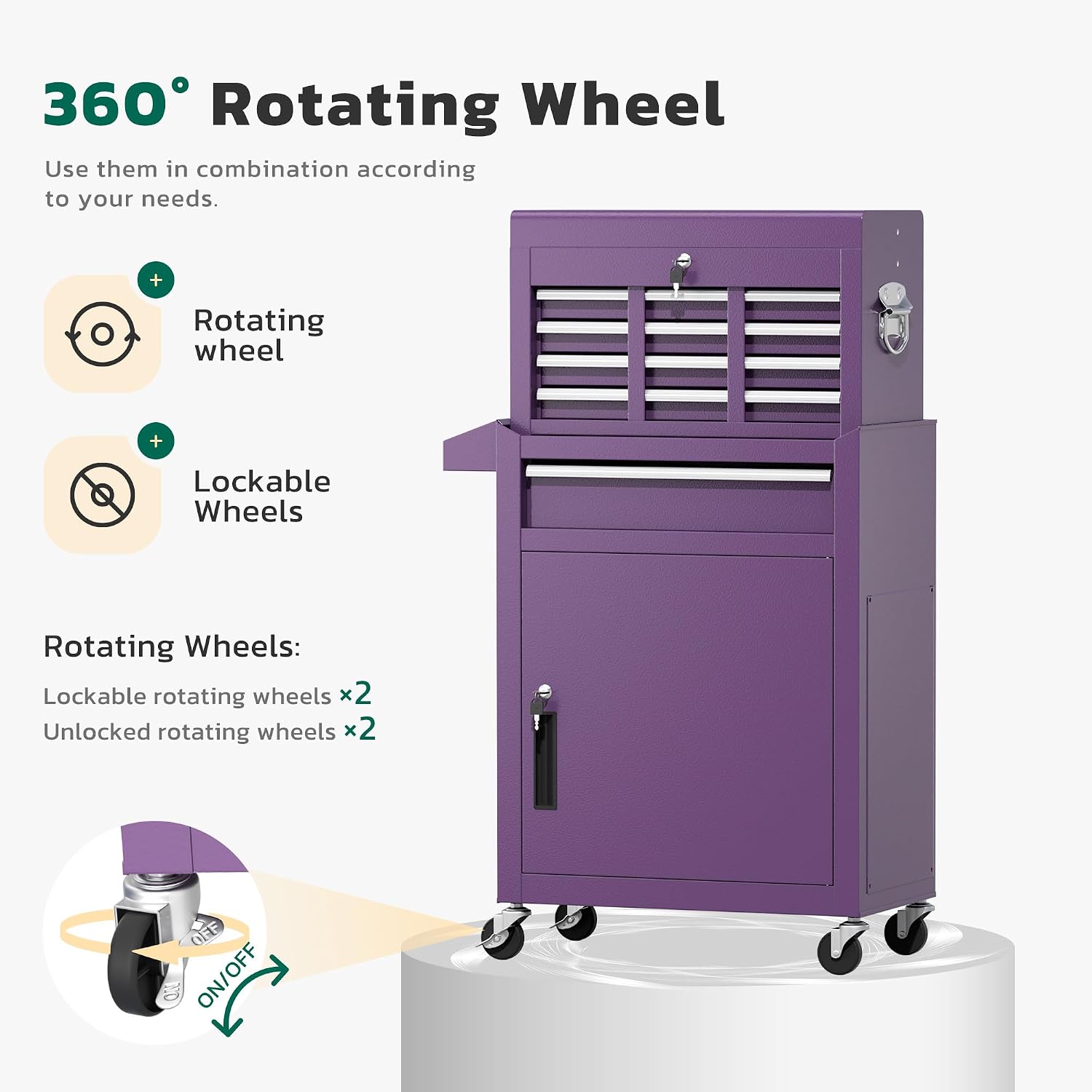 Greenvelly Tool Chest, 5-Drawer Rolling Tool Chest with Hooks and Lockable Wheels,Metal Storage Detachable Top Tool Box with Lockable Wheels for Garage,Workshop,Art Studio(Purple)
