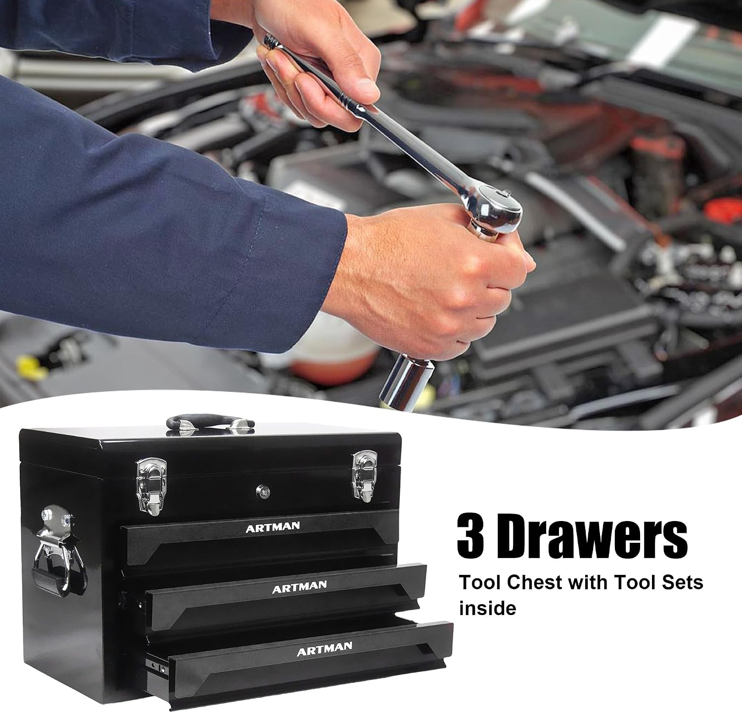RYH 20' Portable 3-Drawer Steel Toolbox with Lock - Heavy Duty Tool Box Set for Mechanics, Electricians & Home Improvement | Includes Socket Wrench, Pliers, | Gift for Men, Handymen(Black)