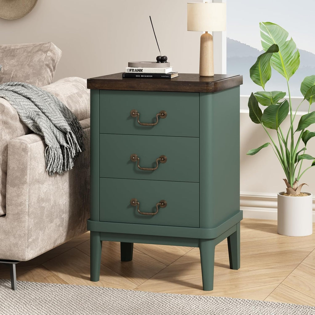 Wnutrees Farmhouse Nightstand with 3 Drawers，Modern Bedside Table with Round Curved Corner and Metal Handles, Wood End Side Table for Living Room, Hallway, Green Set of 2