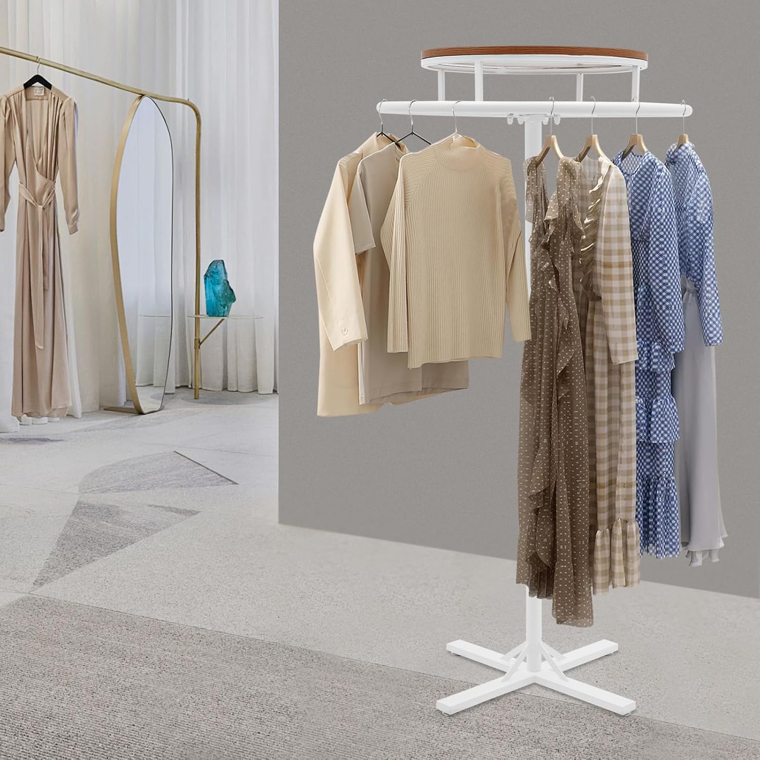 28 * 51 inch Retail Clothing Garment Racks with Display Table, White 360° Rotatable Floor-Standing Clothes Storage Rack for Bedrooms Boutiques Retail Commercial Shop Laundry Room