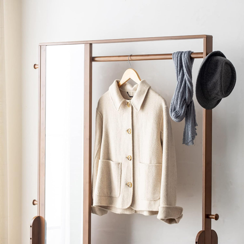 Bamboo Wooden Garment Rack Freestanding Closet Organizers and Storage Drawers with Mirror&Hooks, Coat Rack, Open Wardrobe for Entryway (40.6(L) x 13 (W) x 66.5 (H))