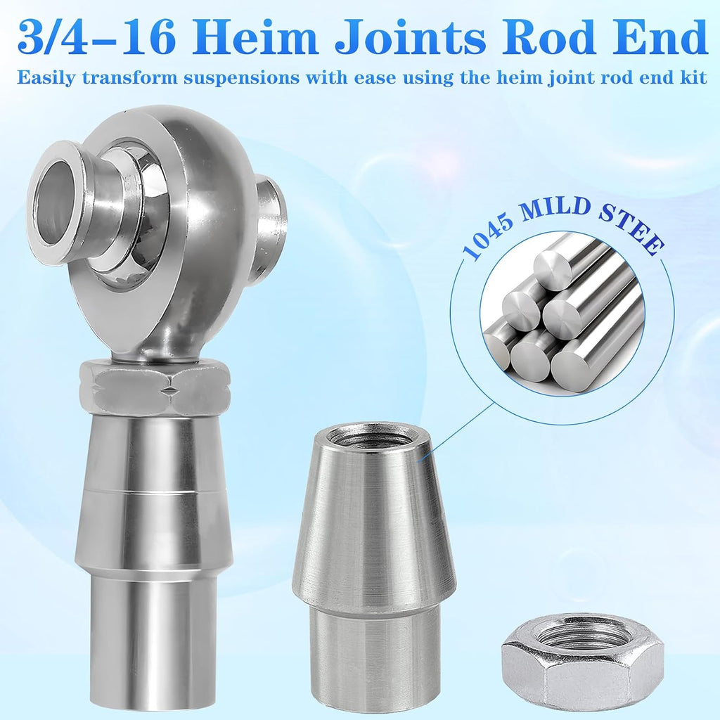 3/4' Heim Joint Rod End Kit with Spacer,Tube Adapters & Jam Nuts,RH & LH Hand Thread .750' Chromoly Heim Joints Panhard Rod End for Steering and Suspension, Traction Bars,Links Joints-4Set