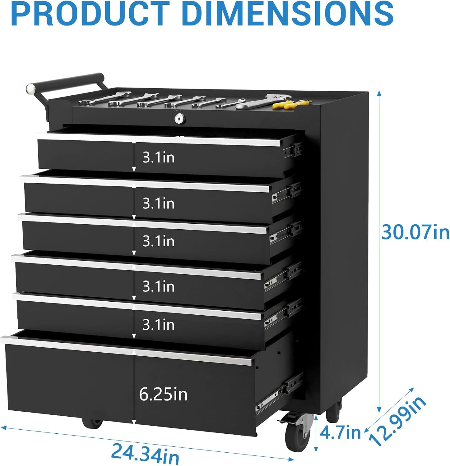 24 Inch 6-Drawer Rolling Tool Chest, Heavy Duty 16-Gauge Steel Tool Cabinet with 4 Locking Casters & Central Lock, Ball Bearing Drawers for Garage Workshop Organization