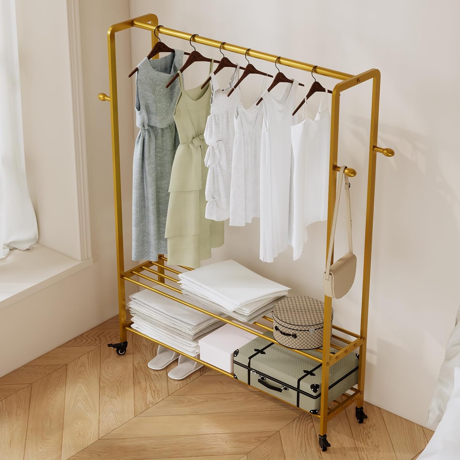 Gold Rolling Garment Rack with Shelves and Hooks,Freestanding Modern Clothing Rack with Wheels,Large Clothes Hanging Rack for Bedroom,Closet,Entryway,Wardrobe,Boutique Display