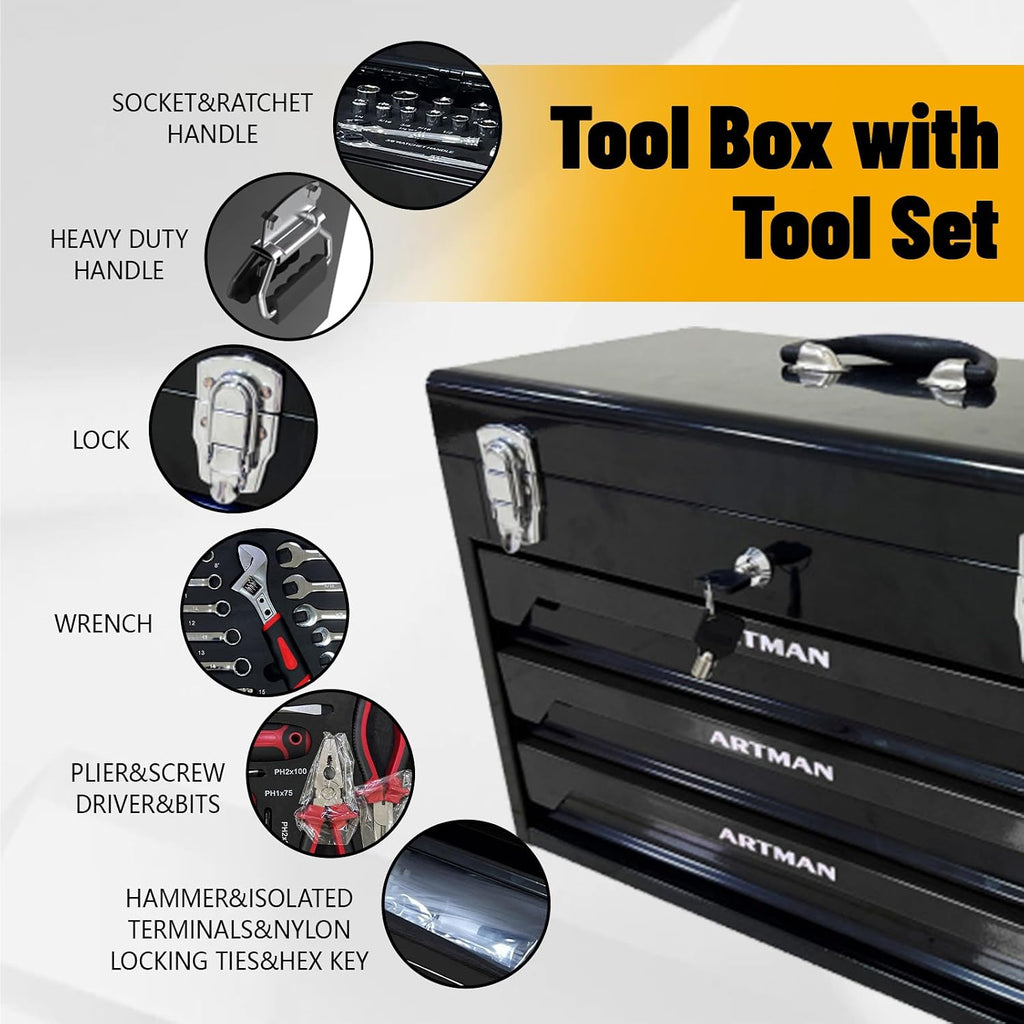 439 Piece Tool Set with Tool Box, 3-Drawer Toolbox Storage Case with Lock Portable Tool Chest with Tool Set General Household Tool Storage Organizer for Garage Workshop, Black