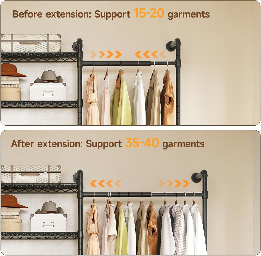 U5 Wall Mounted Closet System, Industrial Pipe Clothing Rack Garment Racks for Hanging Clothes, Heavy Duty Closet Organizers System in Wardrobe Closet, Black