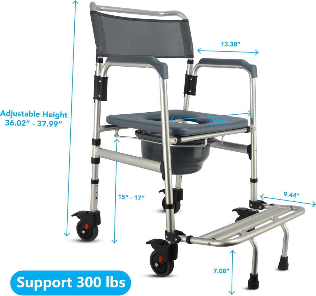 HygiCare 3-in-1 Aluminum Bedside Commode Toilet Shower Chair with Swivel Wheels 6.3 qt Bucket 4 Brake Casters Tool-Free Assembly Support Up to 300 lbs Height Adjustable Lightweight