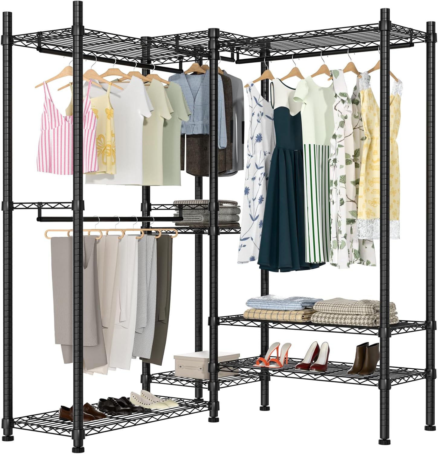 Garment Rack Heavy Duty Clothes Rack Adjustable Freestanding Metal Portable Wardrobe Closet Rack with Shelves for Hanging Clothes - 72' L x 14' W x 75' H, Black