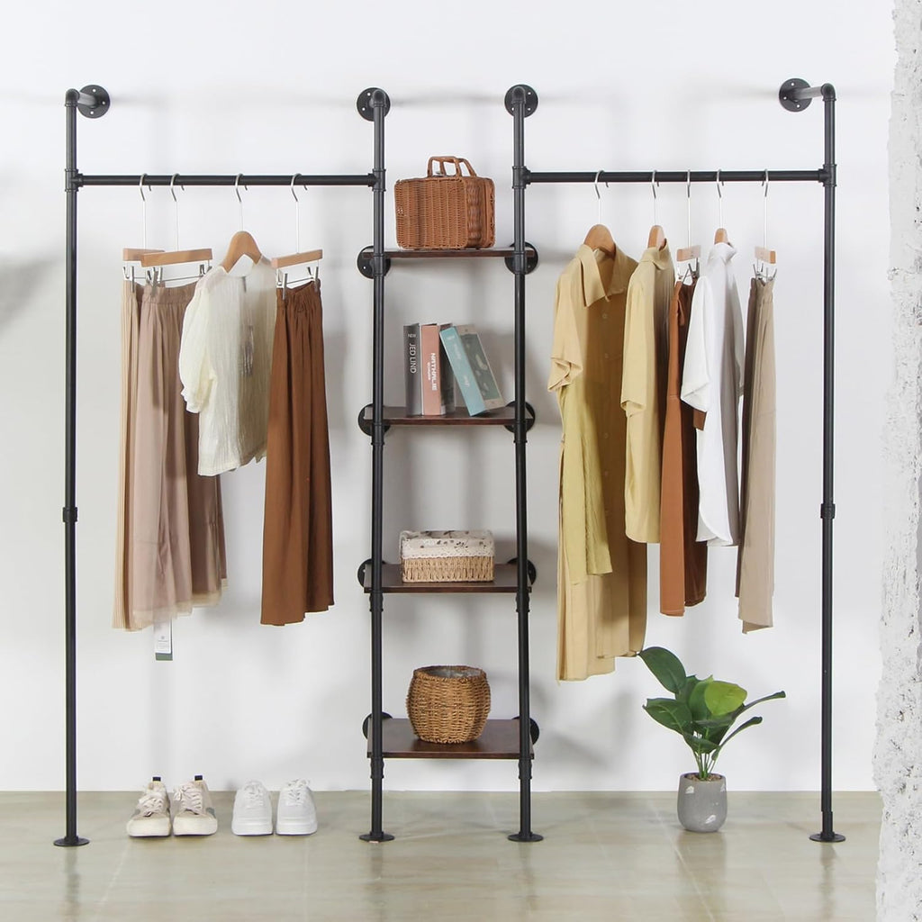 Wall Mounted Industrial Pipe Heavy Duty Clothes Rack, Clothing Rods for Hanging Clothes, Freestanding Clothing Rack with 2 Hang Rods & 4 Shelves, 72.8' W x 17.7' D x 71' H