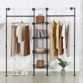 Wall Mounted Industrial Pipe Heavy Duty Clothes Rack, Clothing Rods for Hanging Clothes, Freestanding Clothing Rack with 2 Hang Rods & 4 Shelves, 72.8' W x 17.7' D x 71' H