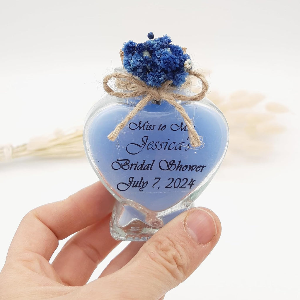 Wedding Favor guest Bulk, Set of Heart Glass Candle Party with custom sticker and dried flowers Bridal Party, Baby shower gifts (Blue Heart Glass, Set of 50)