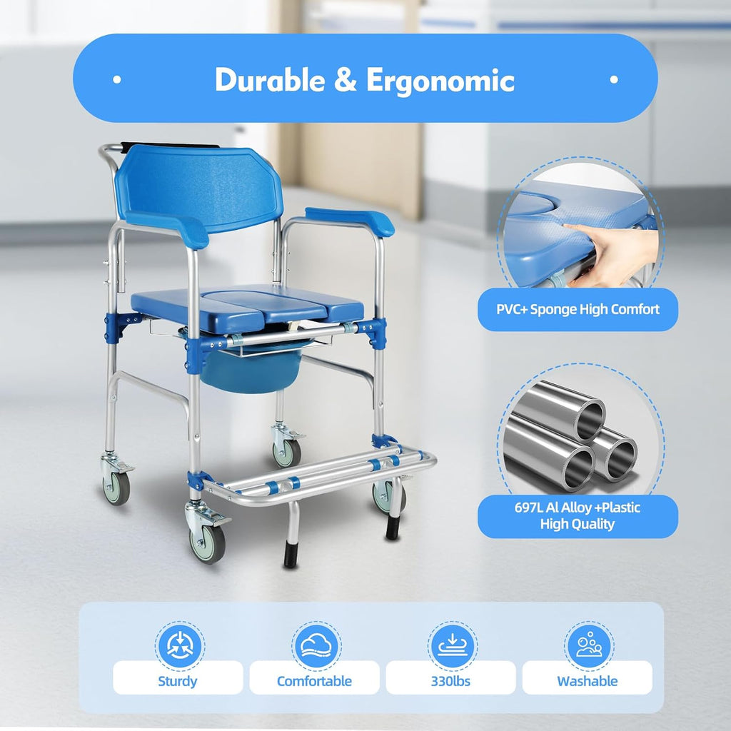 Bedside Commodes Chair with Wheels for Seniors Portable Shower Chair 330 Lb Capacity- Heavy Duty Raised Toilet Seat with Anti-Rollover Foot Pedal Armrests and Bucket, Blue