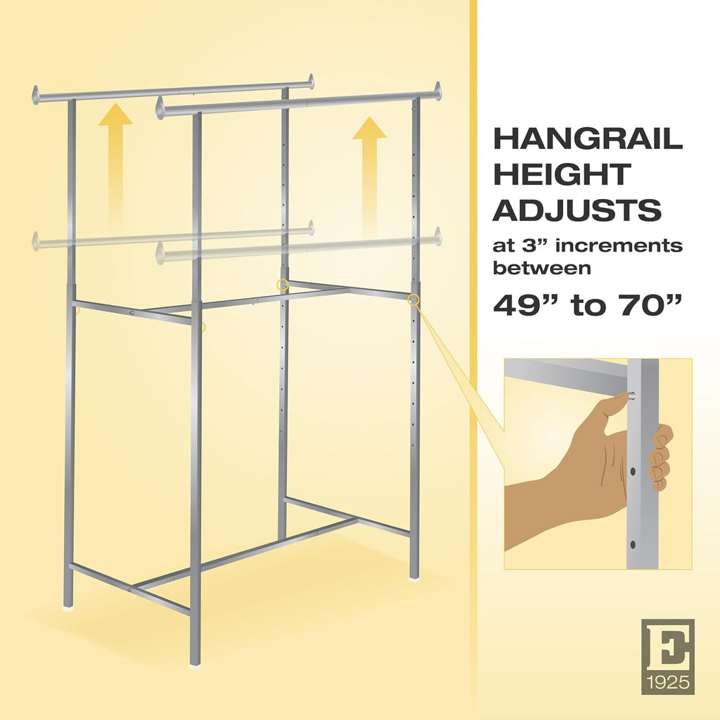 Econoco Double Bar Clothing Rack – Adjustable Garment Display with Rectangular Hangrail, 60' x 22' x 70', Chrome