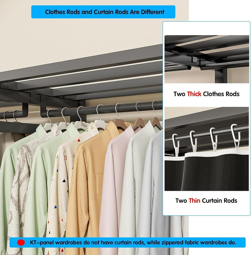 Heavy Duty Portable Closet with Cover 1200Ibs Foldable Covered Clothes Rack for Hanging Clothes Armoire Wardrobe Closet System Freestanding Coat Storage Garment Racks (150cm/59in（black）)