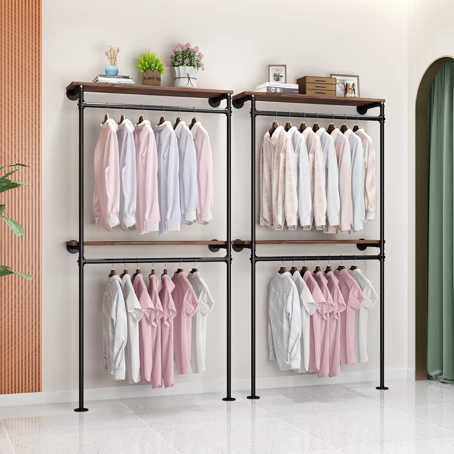 DR.IRON Industrial Pipe Clothing Racks with 2 Tier Shelves, Wall Mounted Black Clothes Rack with Double Hanging Rods Heavy Duty Garment Storage Rack Display Racks Rod for Clothes,Laundry Room